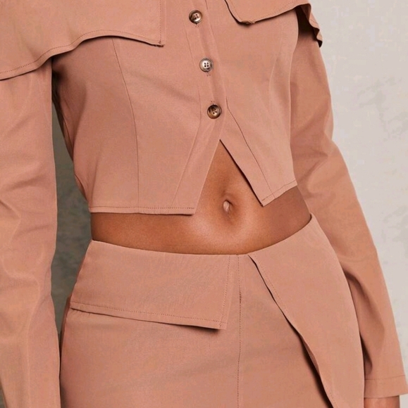 Brown Textured Woven Fold Over Detail Long Sleeve Top And Brown Textured Skirt - Picture 5 of 6